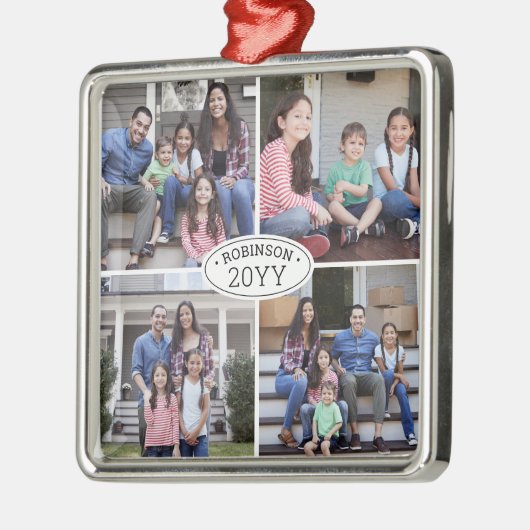 4 Foto Collage Familienname & Jahr Einfach weiß Ornament Aus Metall (Links)