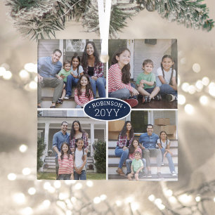 4-Foto-Collage Familienname & Jahr Navyblau Weiß Ornament Aus Glas