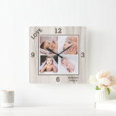 4 Foto Collage Familienname Liebe Naturholz Quadratische Wanduhr (Zuhause)