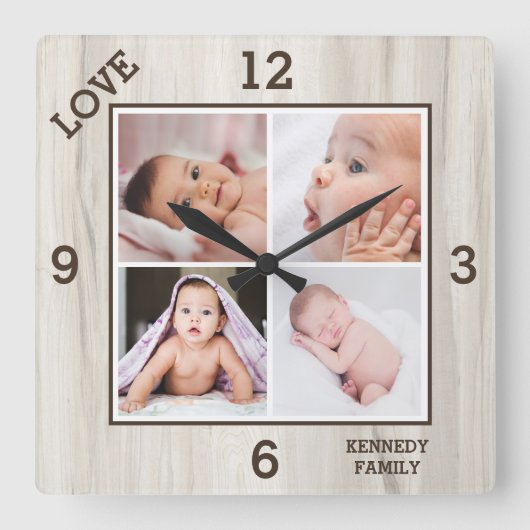 4 Foto Collage Familienname Liebe Naturholz Quadratische Wanduhr (Vorderseite)