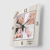 4 Foto Collage Familienname Liebe Naturholz Quadratische Wanduhr (Winkel)