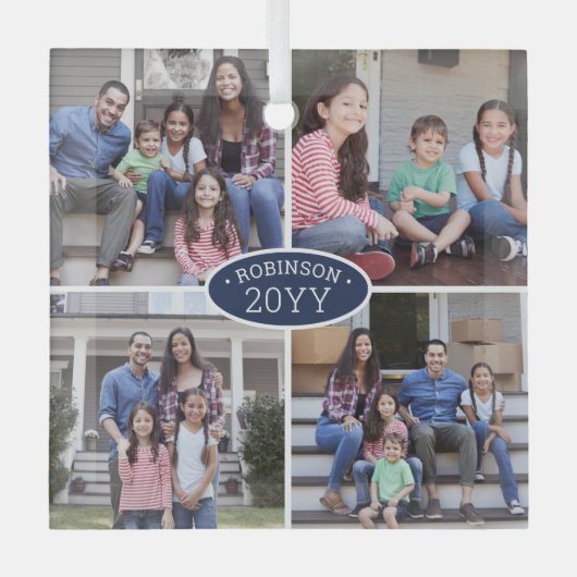 4 Foto Collage Familienname & Year Navy Blue White Ornament Aus Glas (Vorderseite)