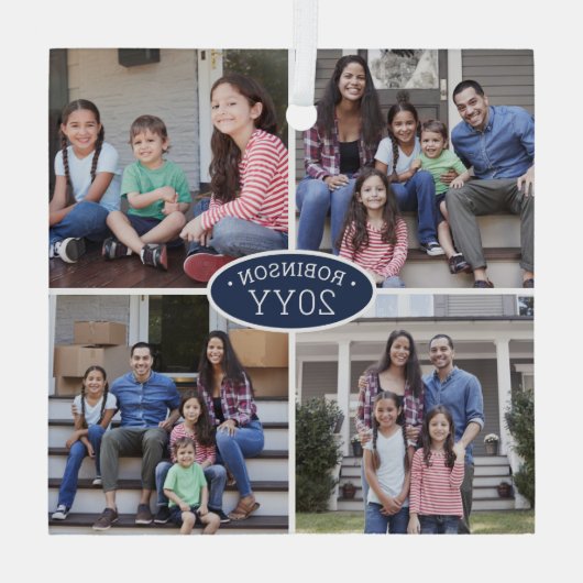 4 Foto Collage Familienname & Year Navy Blue White Ornament Aus Glas (Rückseite)