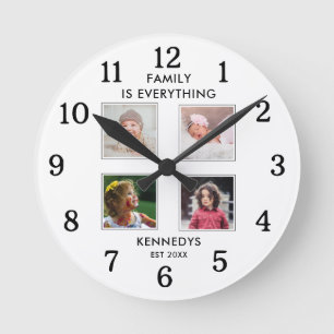 4 Foto-Collage Familienname Zitat Schwarz und Weiß Runde Wanduhr