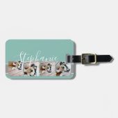 4 Foto Collage Film Strip Name - Aqua grau Gepäckanhänger (Vorderseite horizontal)