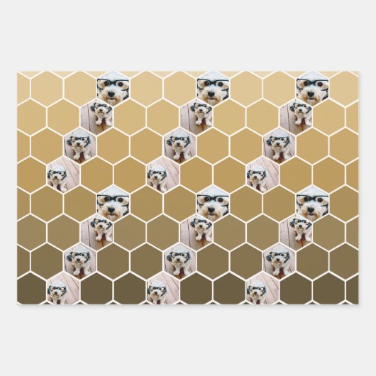 4 Foto Collage - Funky hexagon Muster Gold Wrapp Geschenkpapier Set (Vorderseite)