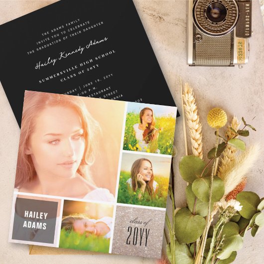 4 Foto Collage Glitzer Quadrate Abschlussfeier Einladung