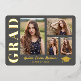 4 Foto Collage Grau & Gold Foil Grad Card Folieneinladung