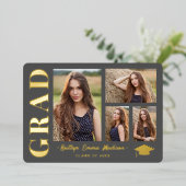 4 Foto Collage Grau & Gold Foil Grad Card Folieneinladung (Stehend vorne)