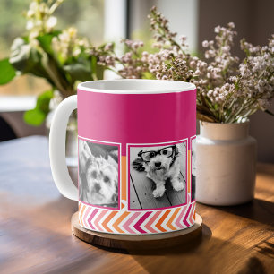 4-Foto-Collage Hot Pink Orange Chevron Kaffeetasse