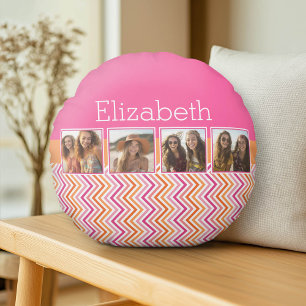 4 Foto-Collage Hot Pink Orange Chevron Rundes Kissen