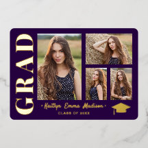 4 Foto Collage Lila & Gold Foil Grad Card