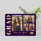 4 Foto Collage Lila & Gold Foil Grad Card Folieneinladung (Stehend vorne)
