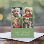 4 Foto Collage Minimale Weihnachtsgrüne Jahreszeit Feiertagskarte<br><div class="desc">Vintag grünes Kariertes Muster auf der Rückseite - Ein schlichter,  minimalistischer Urlaub mit 4 quadratischen Fotos und moderner Kalligraphie. Crop deine Fotos in Quadrate,  bevor du sie hochlädst.</div>