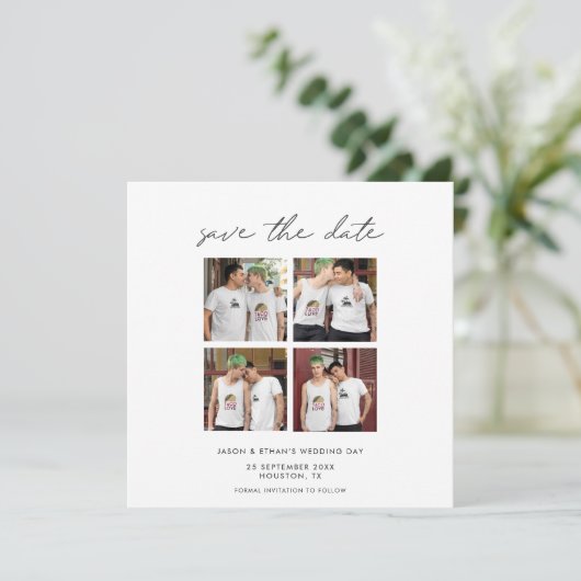 4 Foto Collage Minimalistisch Moderne Schrift Grau Save The Date (Stehend Vorderseite)