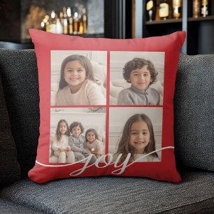 4-Foto-Collage mit Holiday Joy Rot Kissen