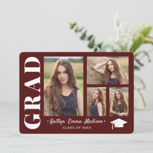 4 Foto Collage Modernes Script Red Grad Ankündigung (Stehend Vorderseite)