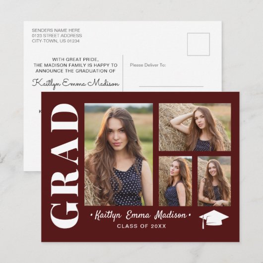 4 Foto Collage Modernes Script Red Grad Postkarte (Vorne/Hinten)