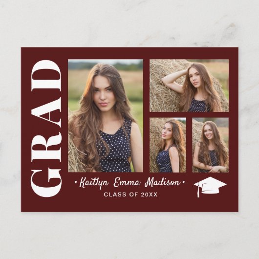 4 Foto Collage Modernes Script Red Grad Postkarte (Vorderseite)