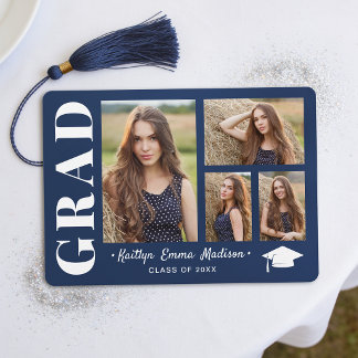 4 Foto Collage Modernes Skript Navy Blue Grad Ankündigung