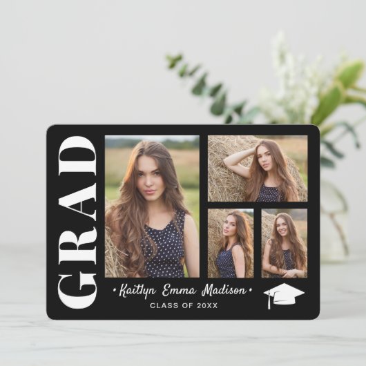 4 Foto Collage Modernes Skript Schwarz/Weiß Grad Ankündigung (Stehend Vorderseite)