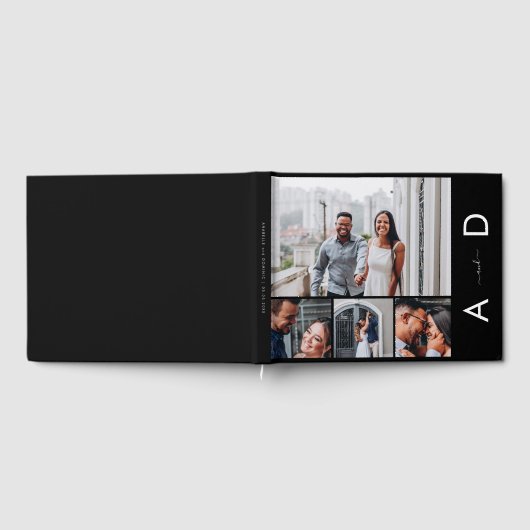 4 Foto Collage & Monogram Elegante Schwarze Hochze Gästebuch (Voll)
