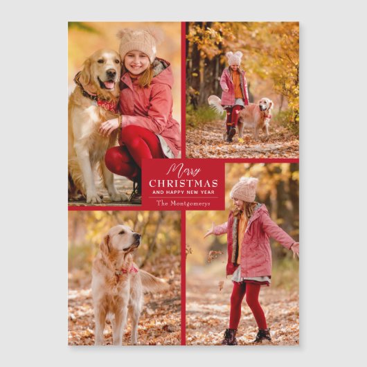 4 Foto Collage Red Christmas Magnetkarten Magnetkarte (Vorderseite)