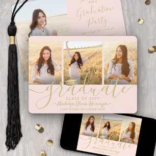 4-Foto-Collage Rosé und Gold Abschlussfeier Einladung