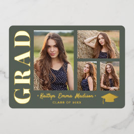 4 Foto Collage Sage Green & Gold Foil Grad Card Folieneinladung