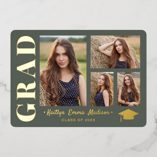4 Foto Collage Sage Green & Gold Foil Grad Card Folieneinladung (Vorderseite)