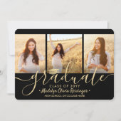 4 Foto Collage Script Black Gold Graduation Party Einladung (Vorderseite)