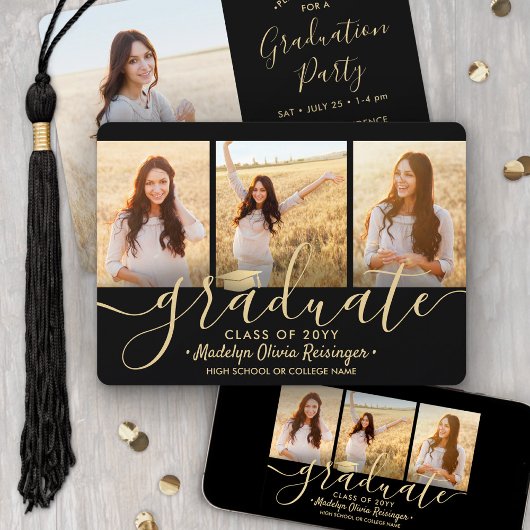 4 Foto Collage Script Black Gold Graduation Party Einladung