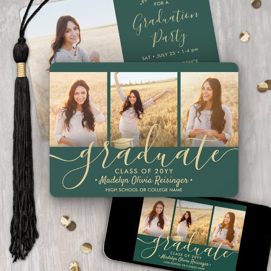 4 Foto Collage Script Green Gold Graduation Party Einladung