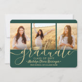 4 Foto Collage Script Green Gold Graduation Party Einladung (Vorderseite)