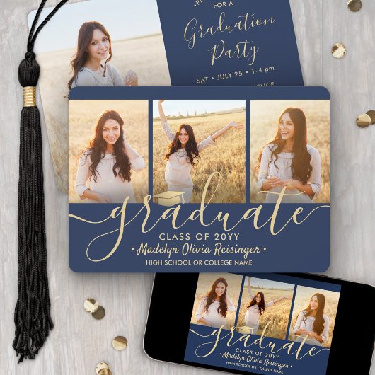 4 Foto Collage Script Navy Gold Graduation Party Einladung