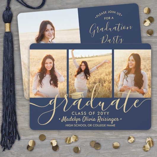 4 Foto Collage Script Navy Gold Graduation Party Einladung