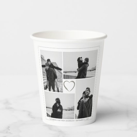 4 Foto Collage Wedding Anniversary Name & Datum Pappbecher (Rückseite)