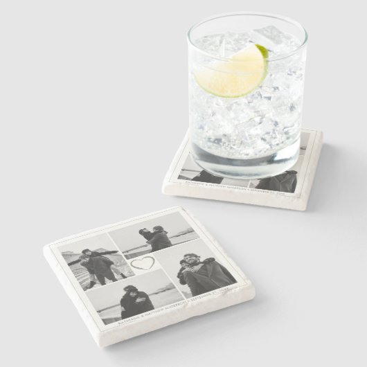 4 Foto Collage Wedding Anniversary Name & Datum Steinuntersetzer (Seitenansicht)