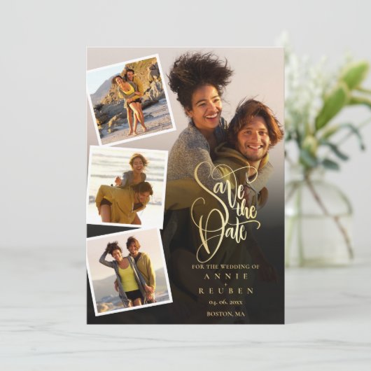 4 Foto Collage Wedding Gold Script Save The Date (Stehend Vorderseite)
