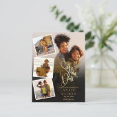 4 Foto Collage Wedding Gold Script Save the Date Postkarte (Stehend Vorderseite)