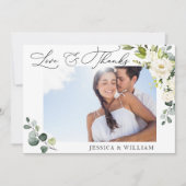 4 FOTO Elegante Eukalyptus Weiße Rosen Blütenblätt Dankeskarte (Vorderseite)