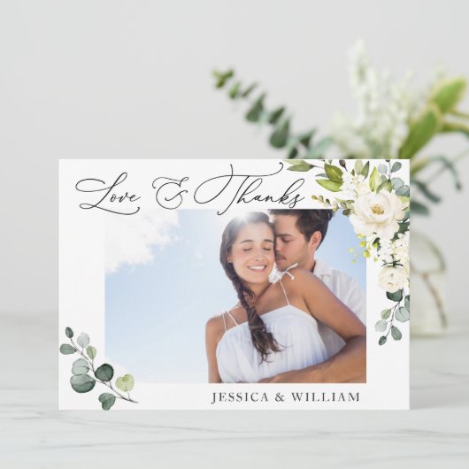 4 FOTO Elegante Eukalyptus Weiße Rosen Blütenblätt Dankeskarte (Stehend Vorderseite)