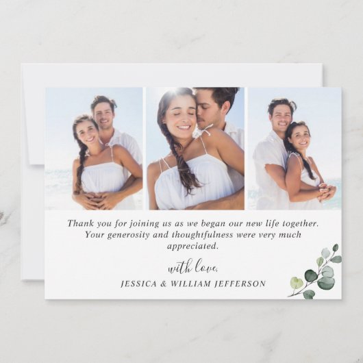 4 FOTO Elegante Eukalyptus Weiße Rosen Blütenblätt Dankeskarte (Rückseite)