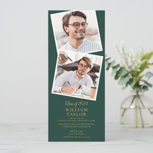 4 Foto Emerald Green and Gold Graduation Party Einladung (Stehend Vorderseite)