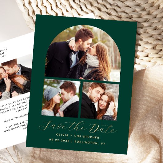4-Foto Emerald Green Gold Arch Save the Date Ankündigungspostkarte