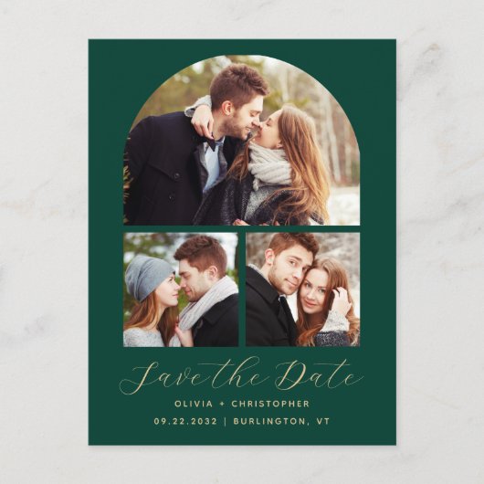4-Foto Emerald Green Gold Arch Save the Date Ankündigungspostkarte (Vorderseite)