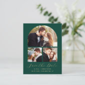 4-Foto Emerald Green Gold Arch Save the Date Ankündigungspostkarte (Stehend Vorderseite)