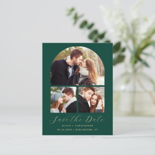 4-Foto Emerald Green Gold Arch Save the Date Ankündigungspostkarte (Stehend Vorderseite)