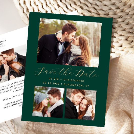 4-Foto Emerald Green Gold Save the Date Postkarte