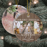 4 Foto Erste Weihnachten Verlobt Rustikale Imitate Keramik Ornament<br><div class="desc">Feiern Sie den fröhlichen 1. Urlaub Ihrer Verlobung mit einem maßgeschneiderten 4-Foto "Unser erstes Weihnachten Verlobt" runden Imitat Holz Keramik Ornament. Alle Texte und Bilder auf dieser Vorlage sind einfach zu personalisieren. (IMAGE PLACEMENT TIP: Eine einfache Möglichkeit, ein Foto genau so zu zentrieren, wie Sie es gewollt haben, ist es,...</div>